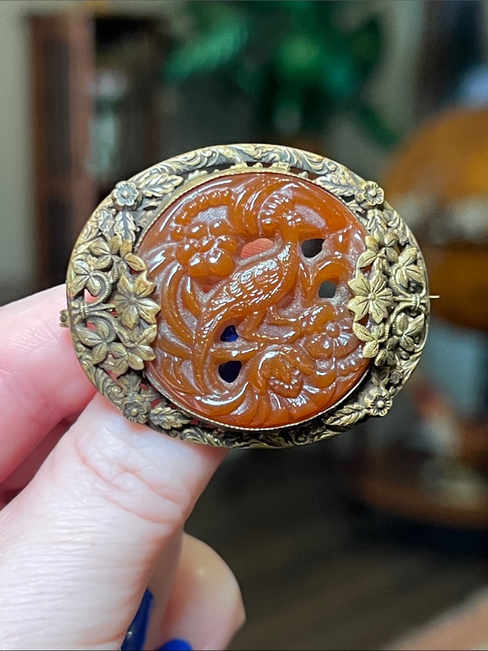 Antique Carnelian Molded Glass Bird Ornate Brass Brooch